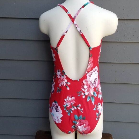 Kona Sol Swim Red Floral One Piece Swim Suit size large - Picture 4 of 12